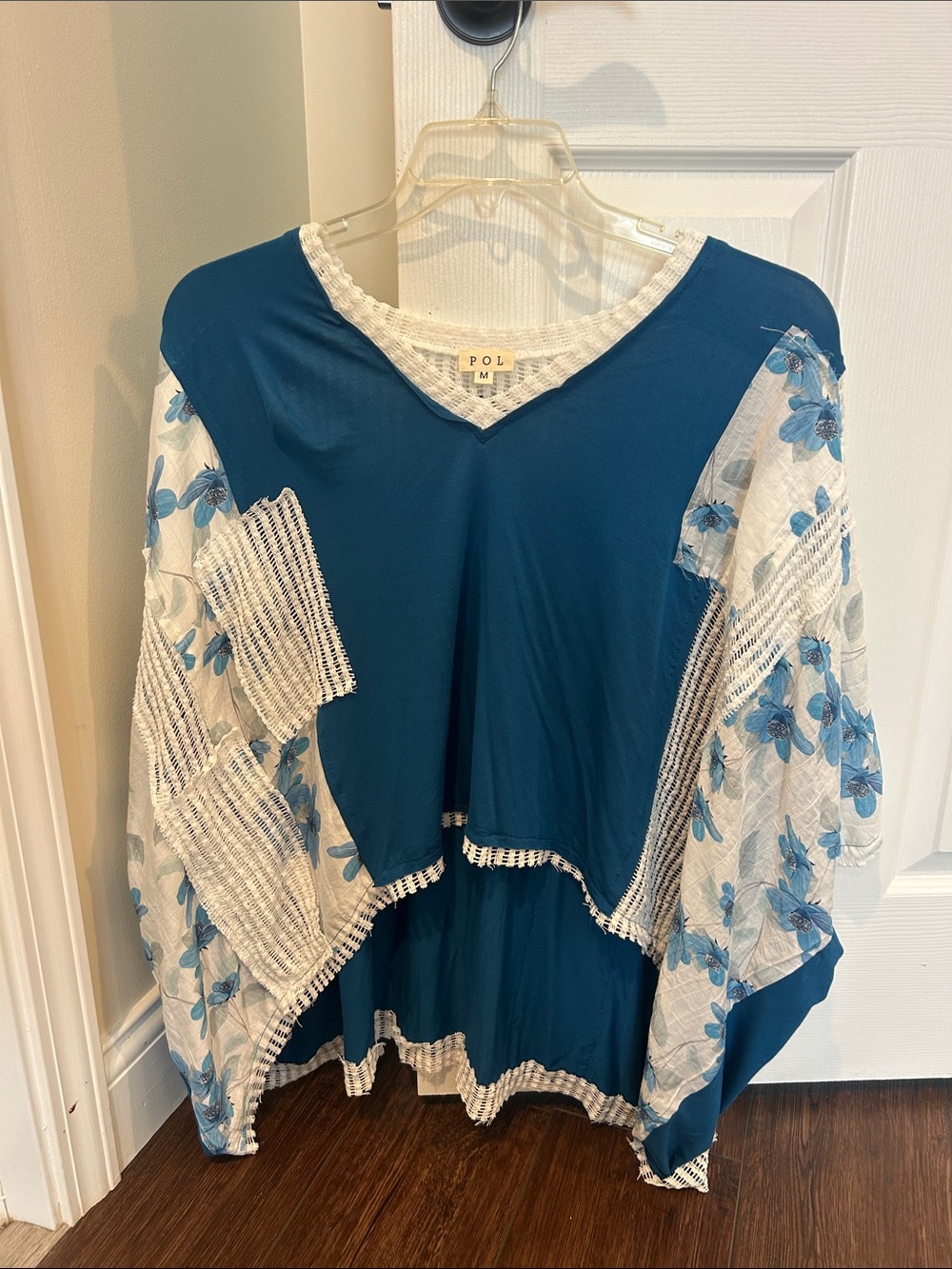 POL Teal V-Neck Mixed-Media Floral Sleeve Tunic